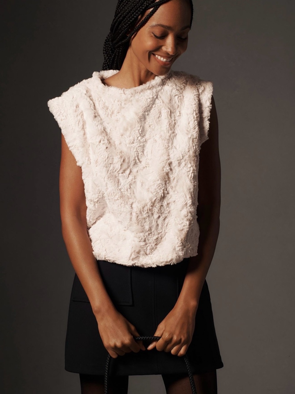 Anthropologie Maeve Faux-Fur Muscle Tank Cream